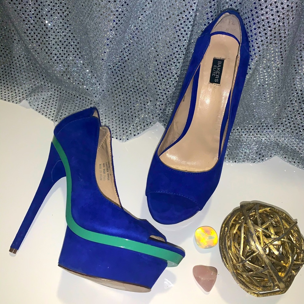 Bakers Blue Suede Peep Toe Heels